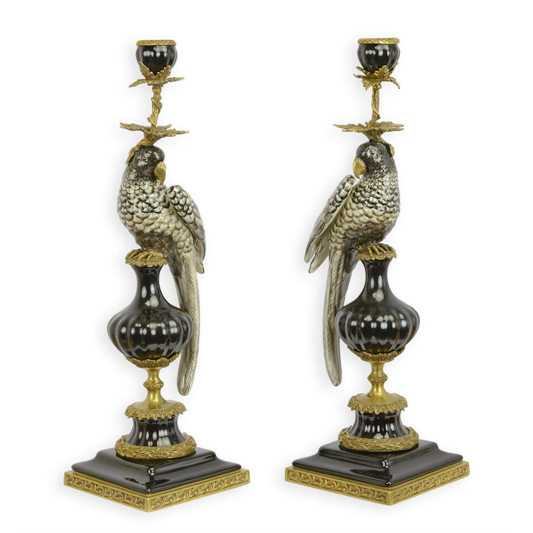 Pair of Bronze-Mounted Porcelain Parrot Candle Holders 48cm
