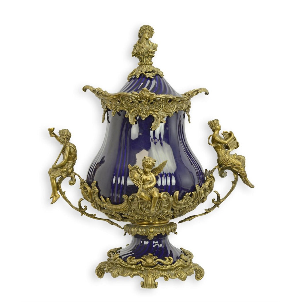 Bronze-Mounted Cobalt Blue Porcelain Vase with Lid 52cm
