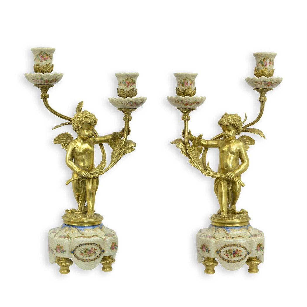 Pair of Bronze-Mounted Two-Branch Porcelain Candelabra