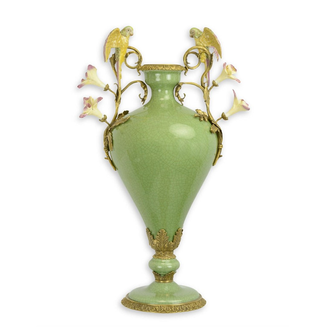 Bronze Mounted Celadon Porcelain Vase – Parrots & Floral Motif