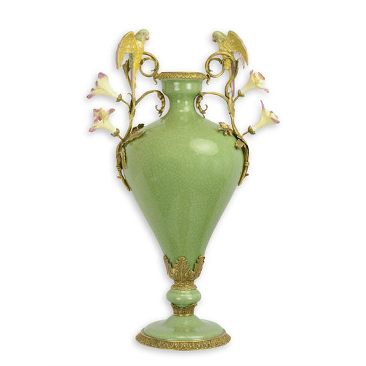 Seladon-Porzellanvase mit Bronzemontierung – Papageien- und Blumenmotiv