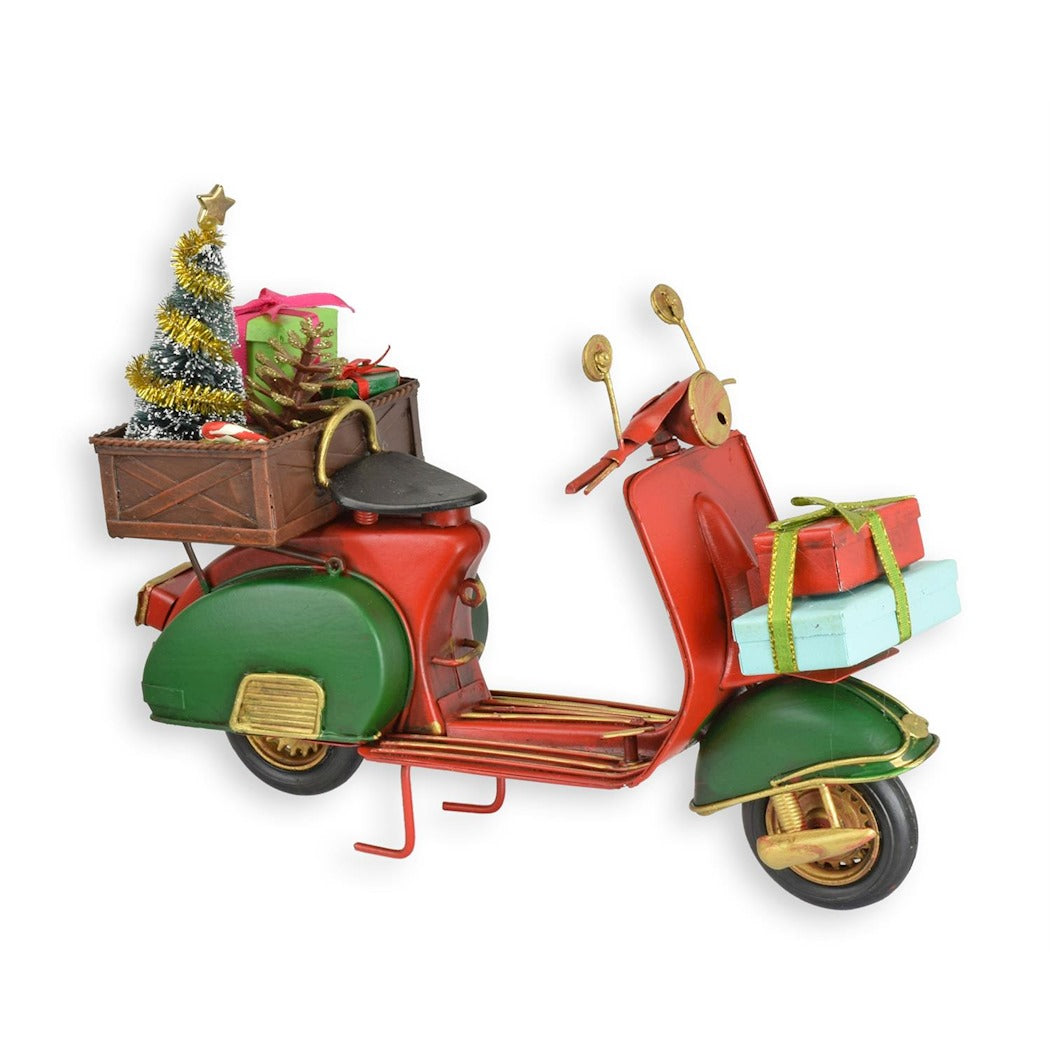 Vintage Tin Christmas Scooter Model – Festive Red & Green Holiday Decoration