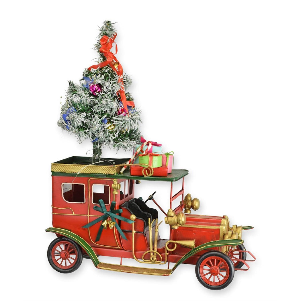 Vintage Tin Christmas Classic Car Model – Festive Red & Gold Holiday Decor