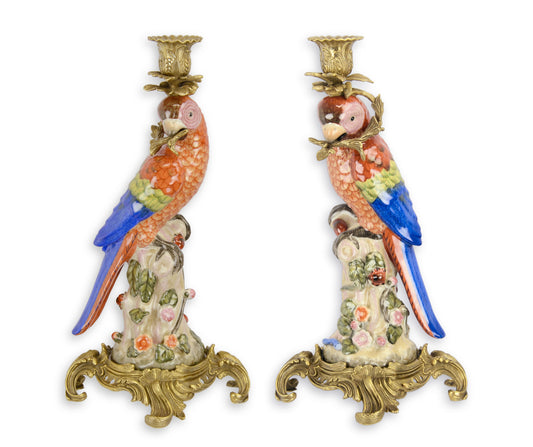 Bronzene Papageien-Kerzenhalter aus Porzellan 36 cm (Paar)