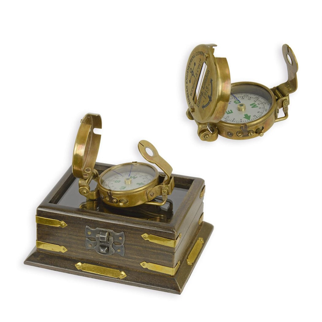 Vintage Brass Pocket Compass in Fitted Wooden Storage Box