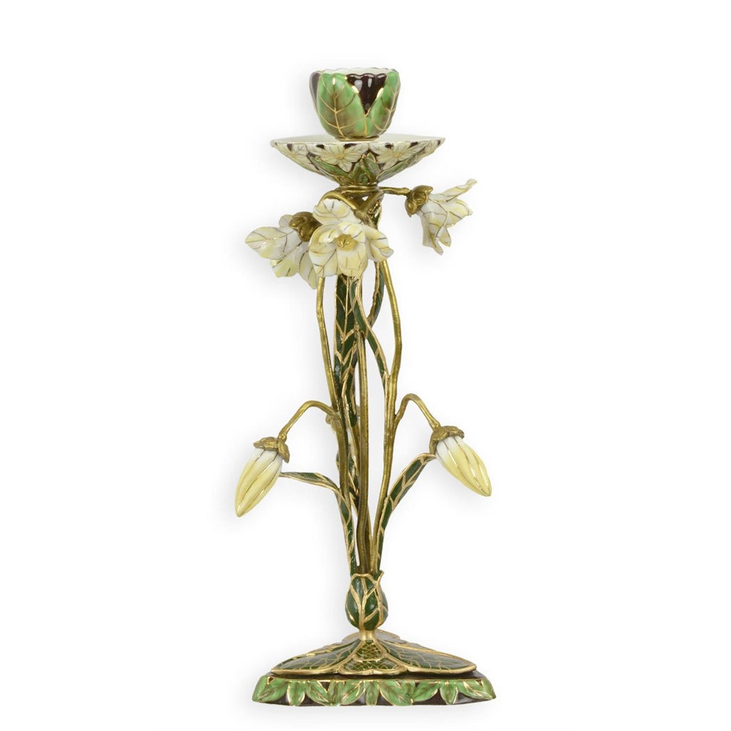 Bronze and Porcelain Floral Candle Stand – Art Nouveau Style Candlestick Holder