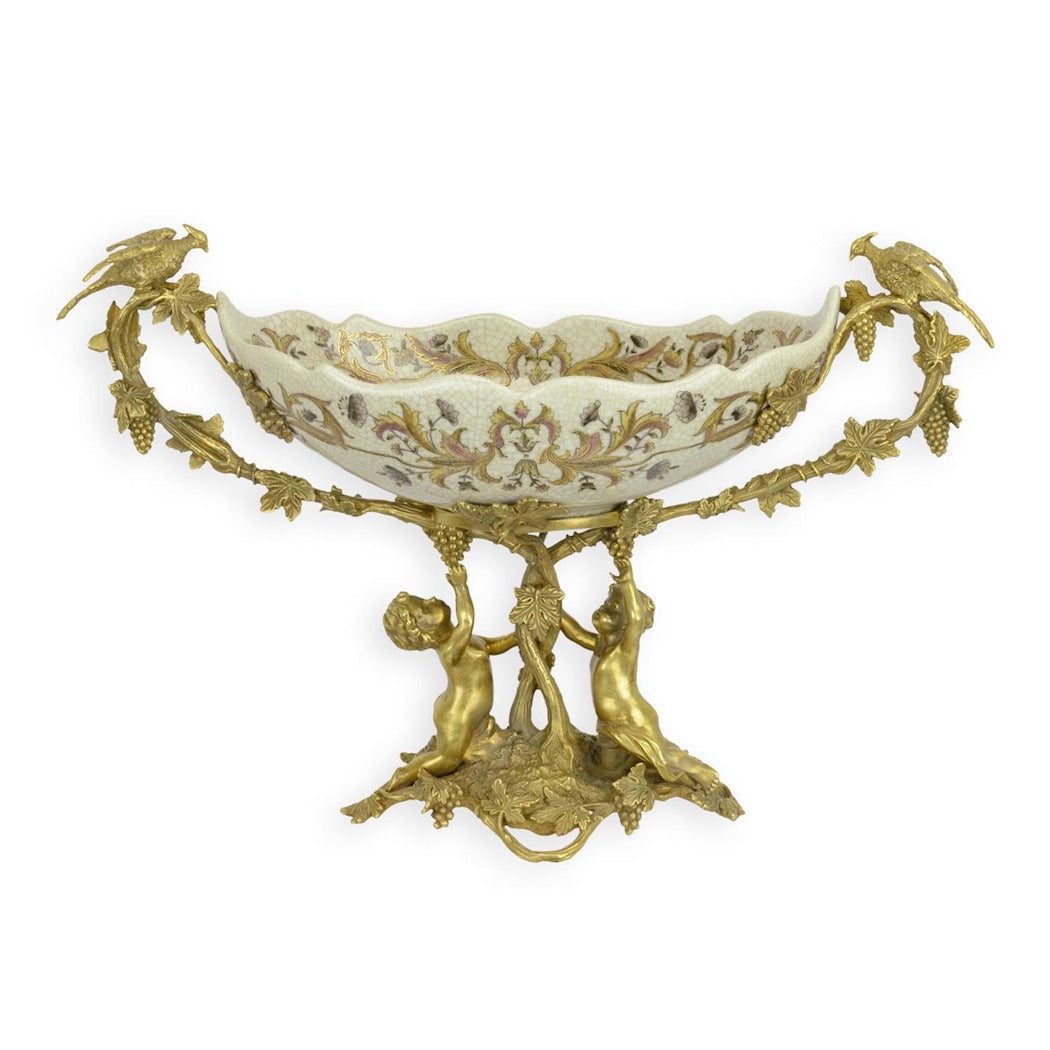 Bronze Mounted Porcelain Fruit Bowl – Cherub & Bird Ornamental Centerpiece