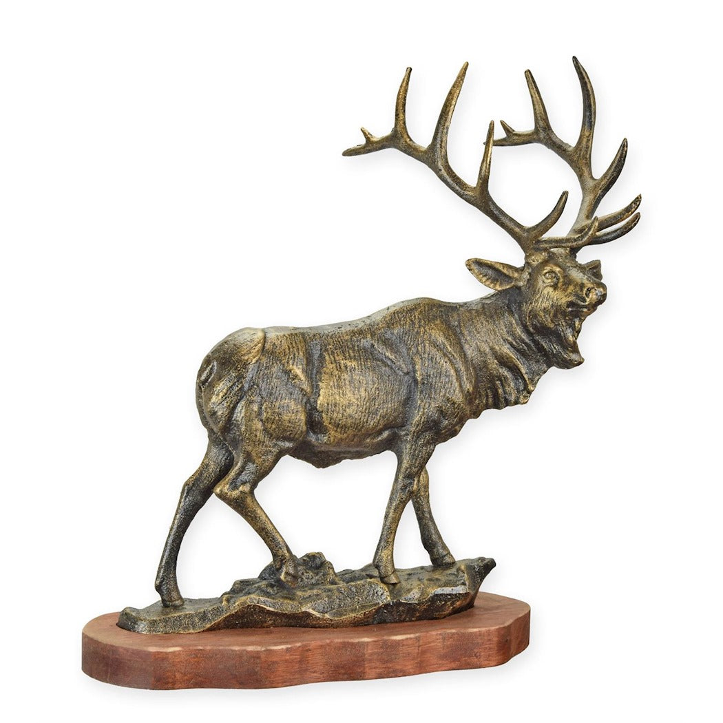 Cast Iron Elk Figurine on Wooden Base – Bronze Look 47 cm