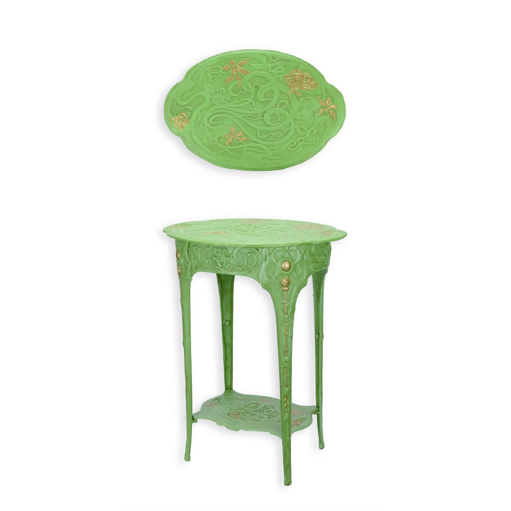 Cast Iron Art Nouveau Side Table Green & Gold with Hand-Painted Floral Details