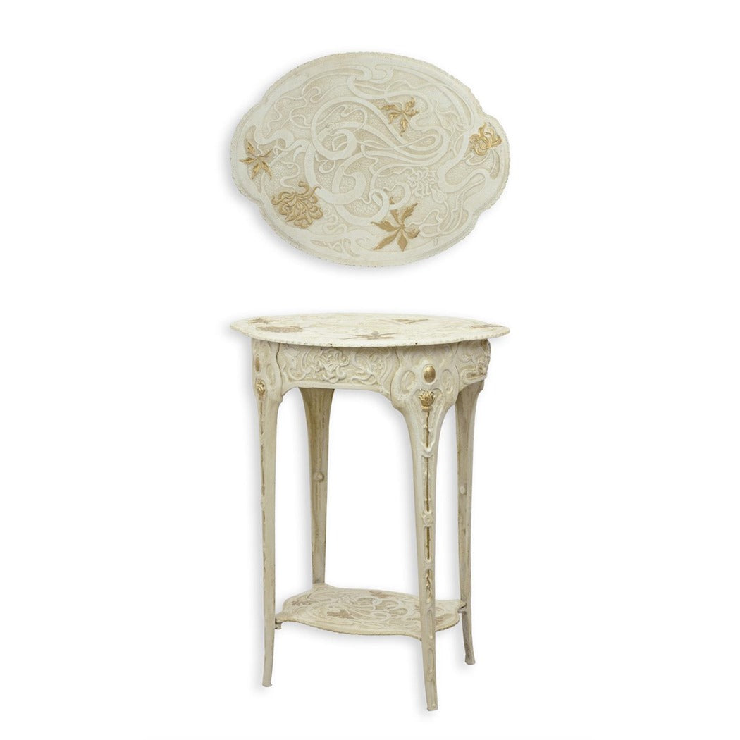 Cast Iron Art Nouveau Side Table White & Gold with Hand-Painted Floral Details