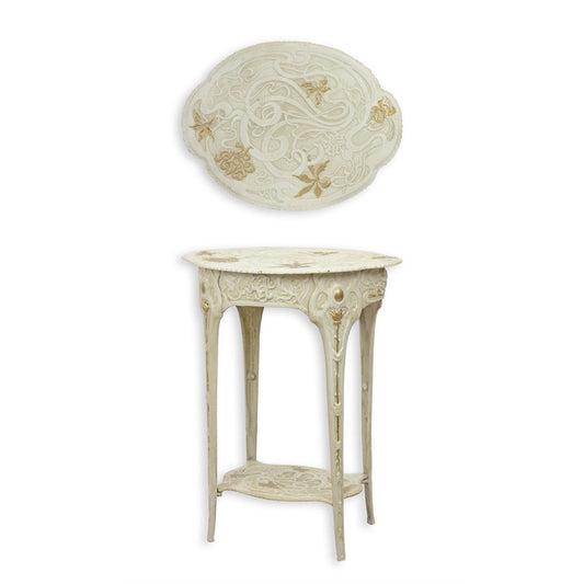 Beistelltisch aus Gusseisen im Jugendstil, Weiß & Gold mit handbemalten Blumendetails
