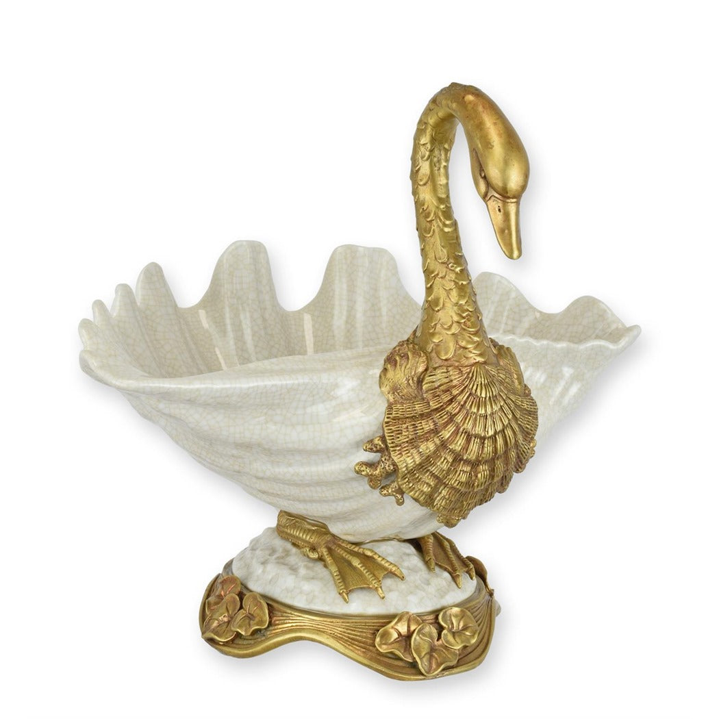 Bronze Mounted Porcelain Swan Bowl – Sculptural Decorative Centerpiece