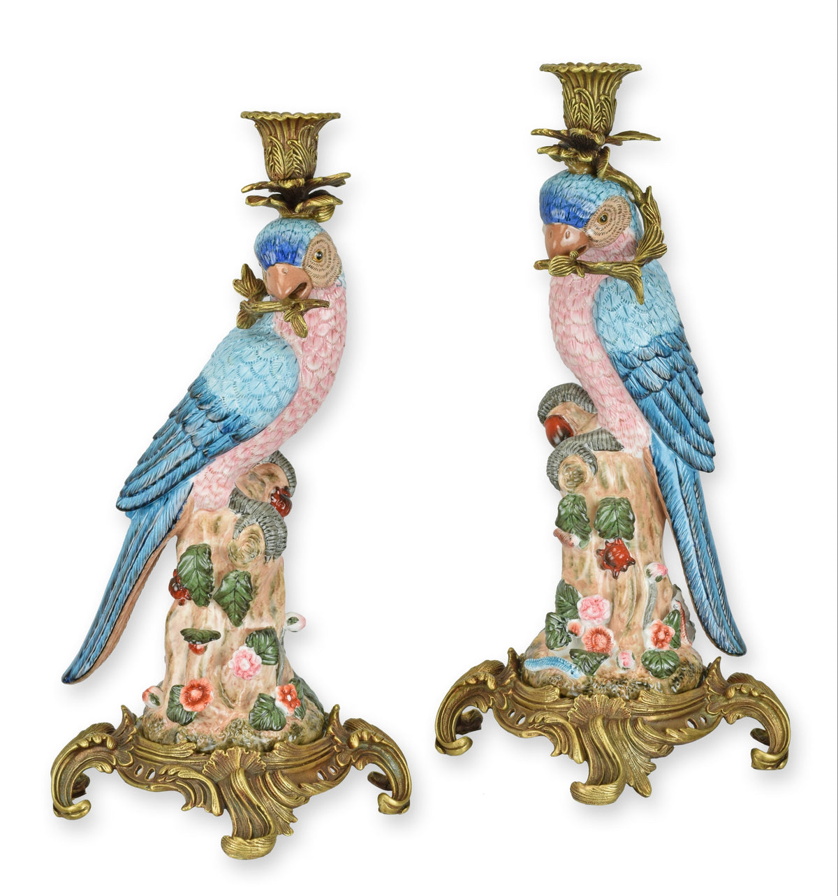 Bronze Mounted Porcelain Parrot Candle Holders 36cm (Pair) Light Blue