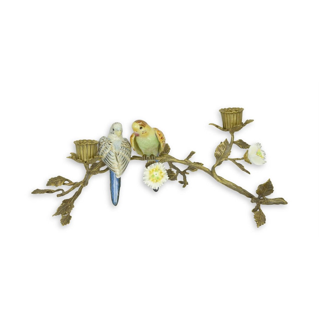 Bronze Candle Stand Mounted with Porcelain Birds 38cm