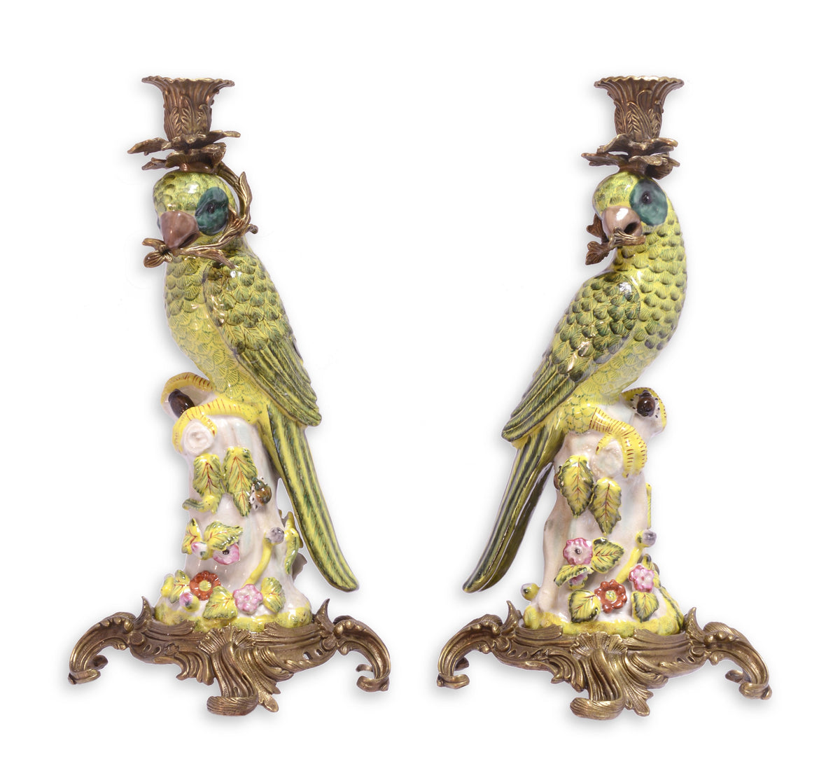 Bronze Mounted Porcelain Green Parrot Candle Holders 36cm (Pair)