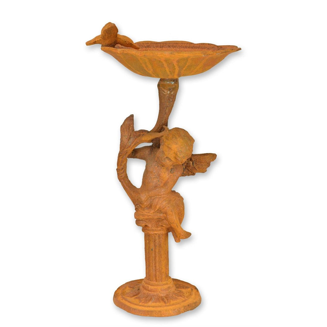 Cast Iron Cherub Bird Bath on Stand 53cm - Rustic Garden Decor