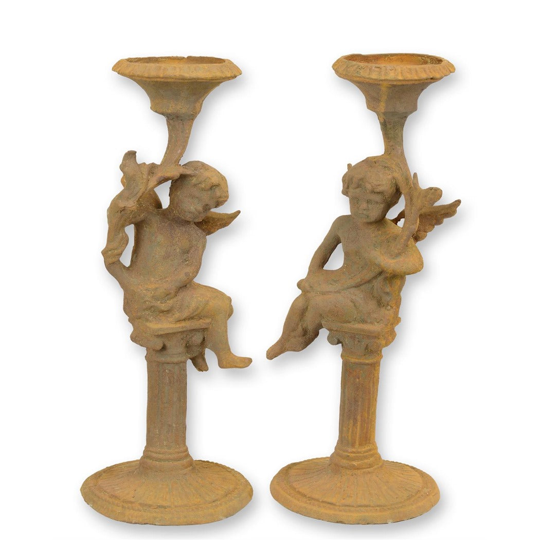 Vintage Rusty Cast Iron Putti Candlestands 47cm – Set of 2