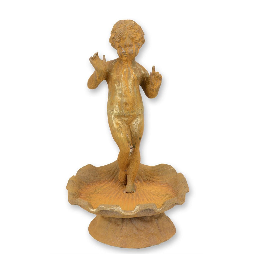Vintage Rusty Cast Iron Putto Bird Bath 56cm – Classic Shell Garden Statue