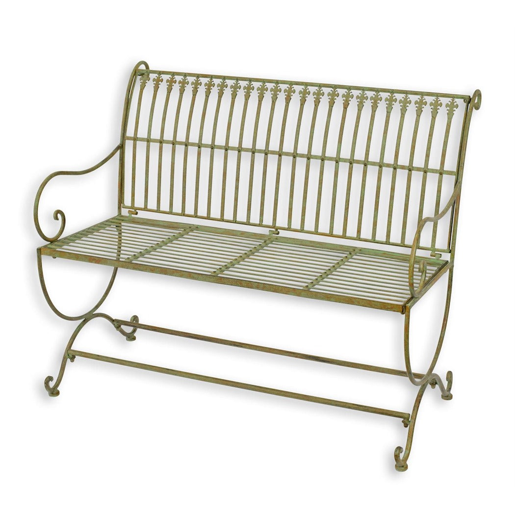 Antique Style Weathered Green Wrought Iron Garden Bench