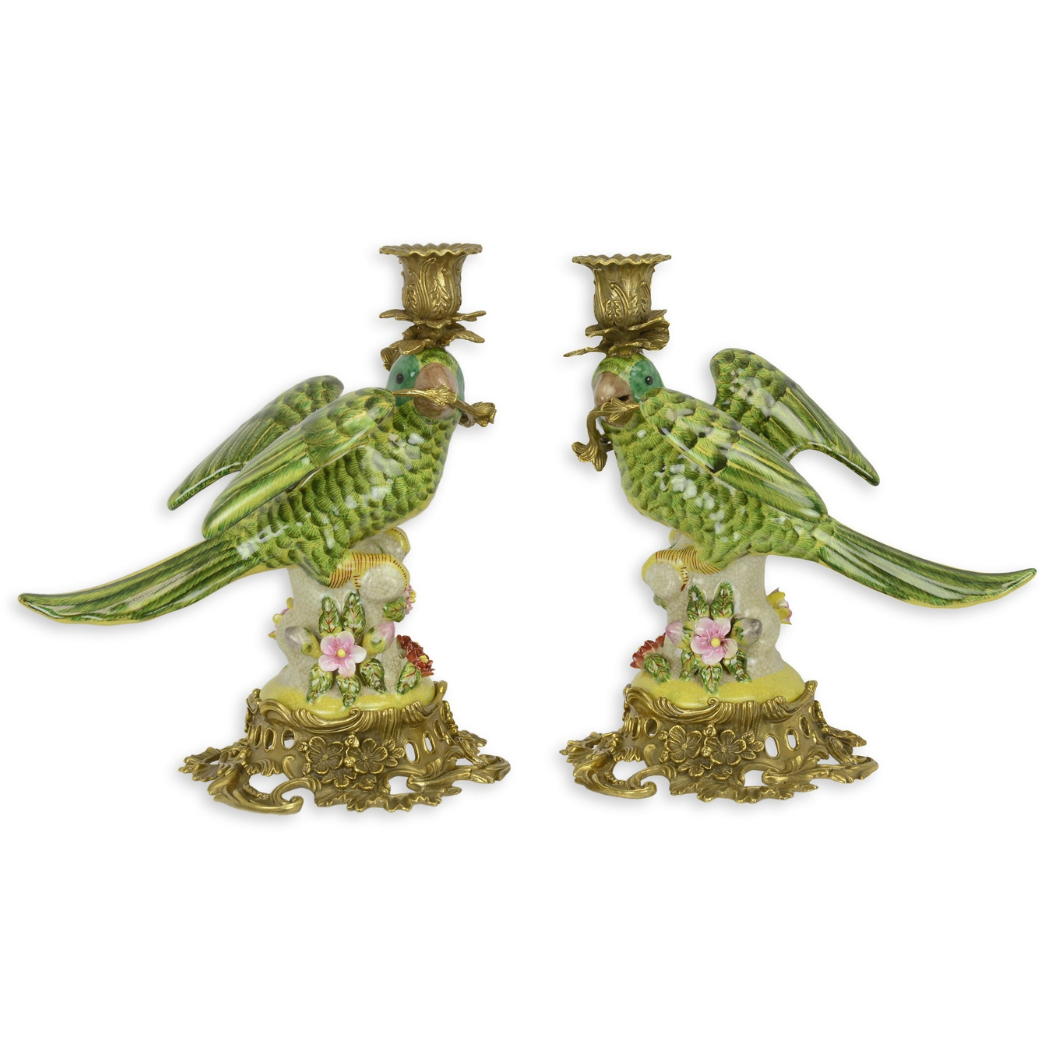 Brass Mounted Porcelain Green Parrot Candle Holders 28cm (Pair)
