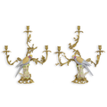 Bronze Mounted Porcelain Parrot Candle Holders / Candelabras