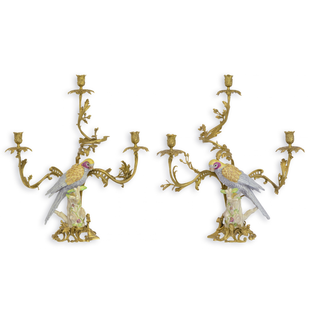 Bronze Mounted Porcelain Parrot Candle Holders / Candelabras